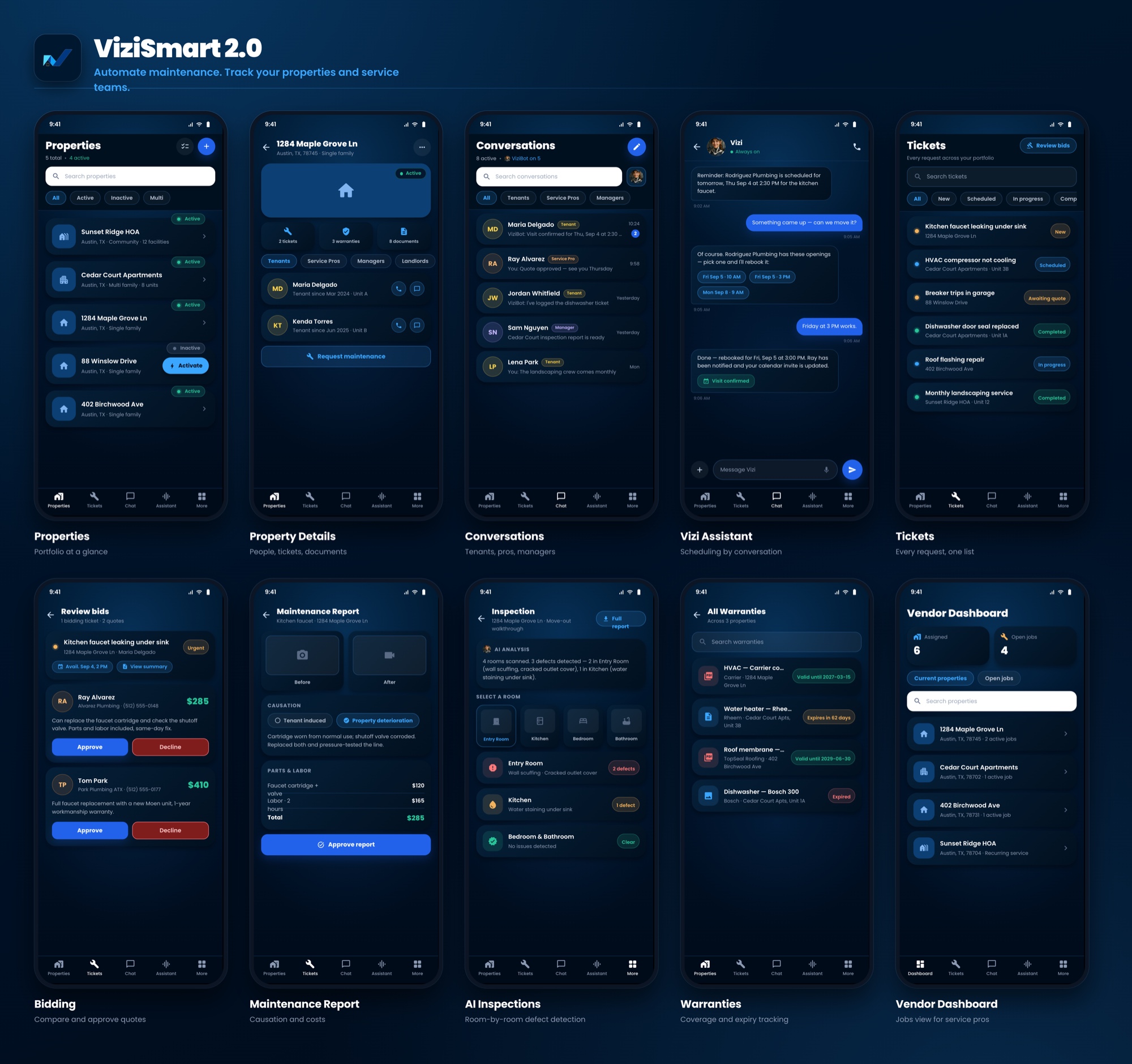 Ten ViziSmart 2.0 native screens — Properties, Property Details, Conversations, the Vizi assistant, Tickets, Bidding, Maintenance Report, AI Inspections, Warranties and the Vendor Dashboard